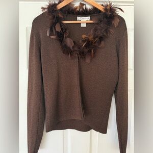 Vintage Feather-Trimmed Brown Sweater